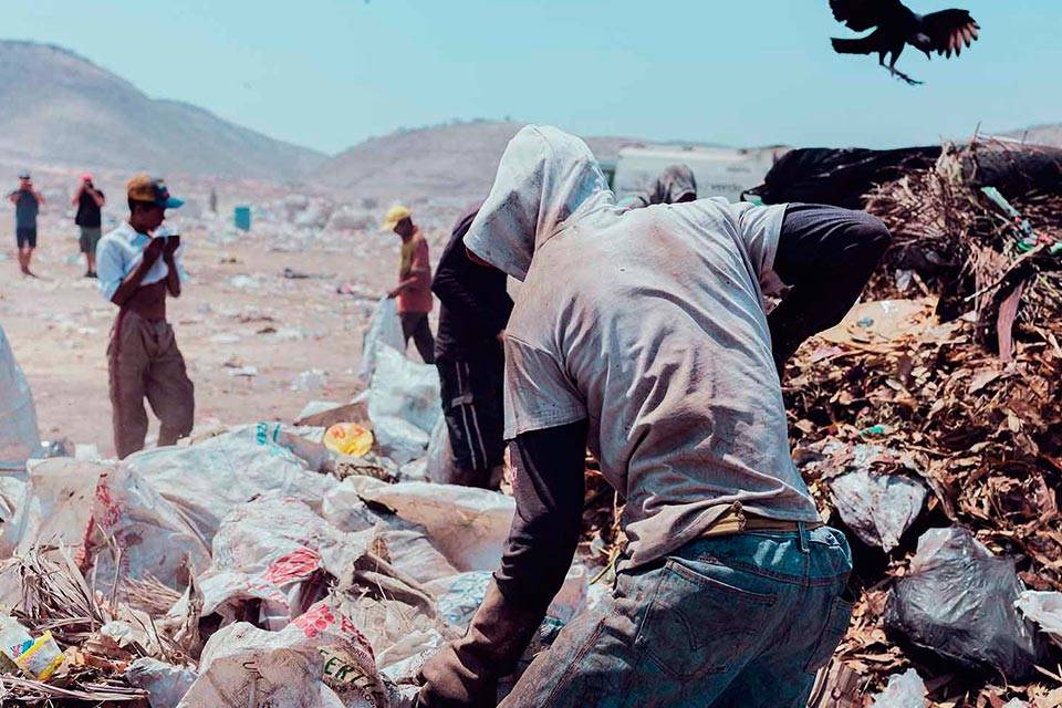 Zamuros y seres humanos comen de la basura